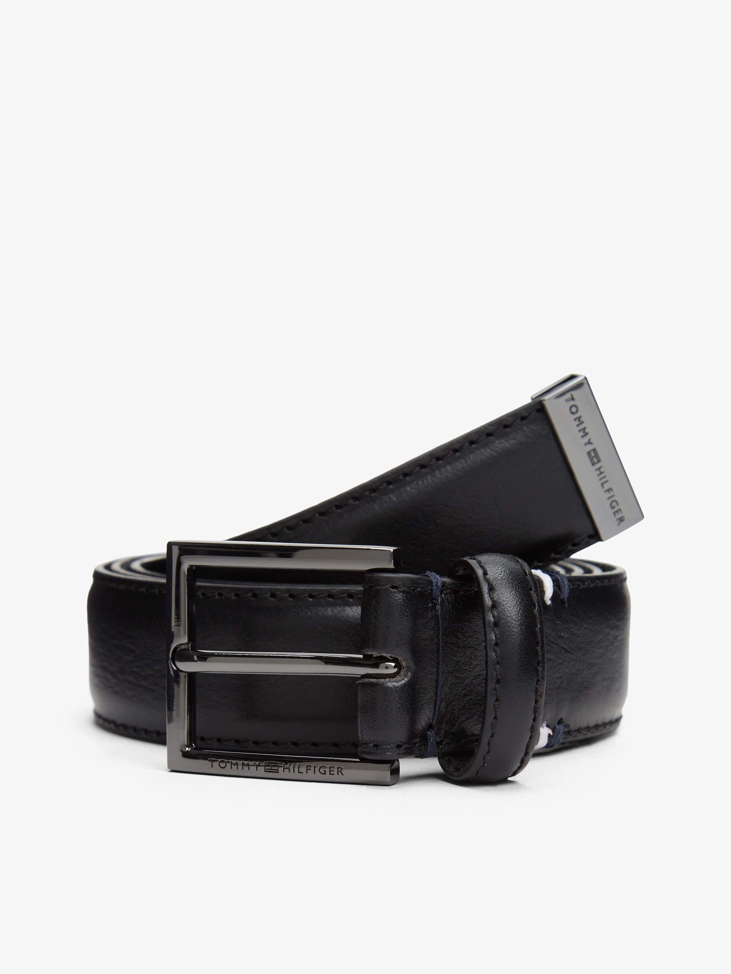 Metal Tip Pebble Grain Leather Belt