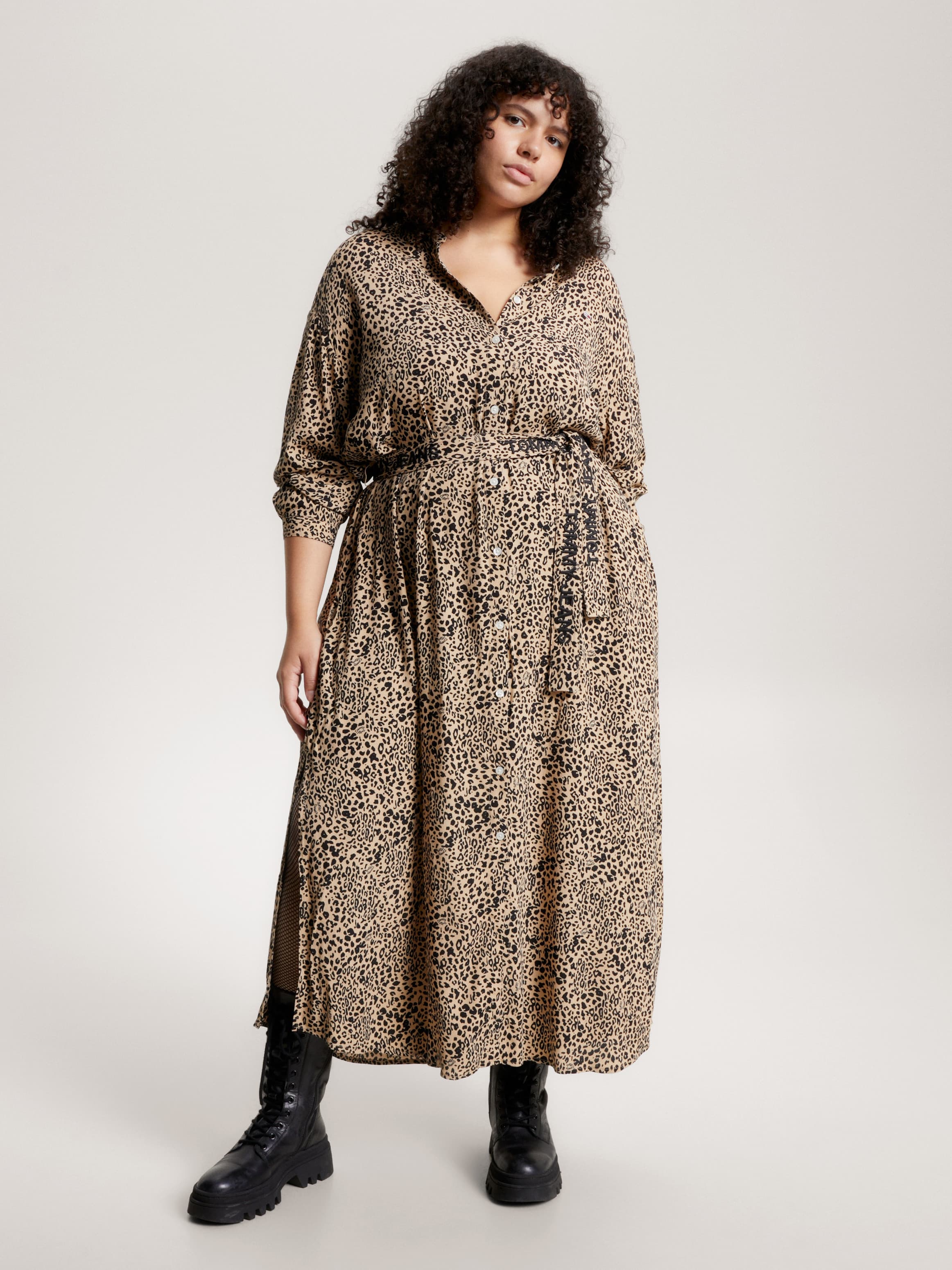 Curve Leopard Print Long Sleeve Midi Dress