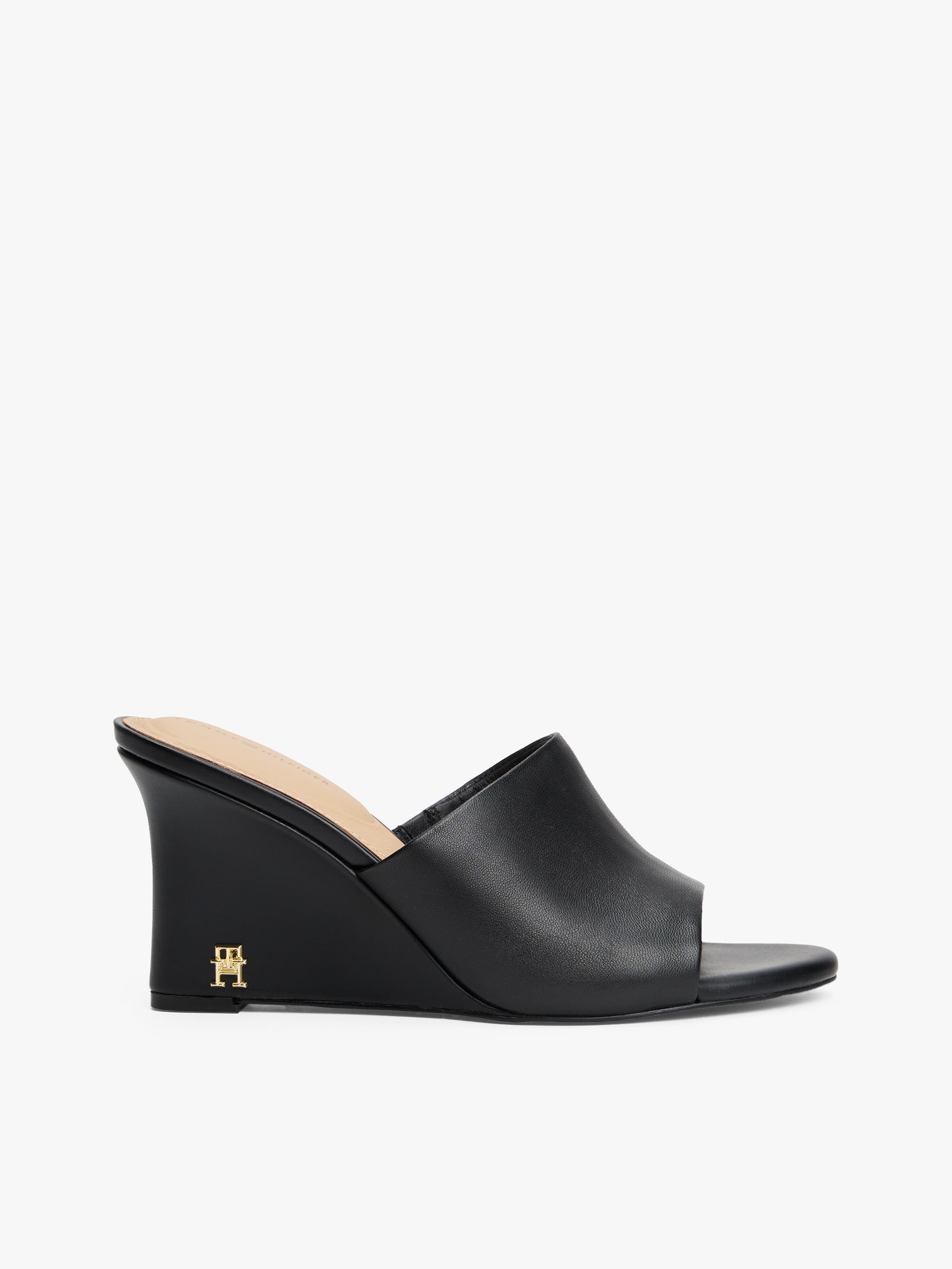 Leather TH Monogram Plaque Wedge Mules