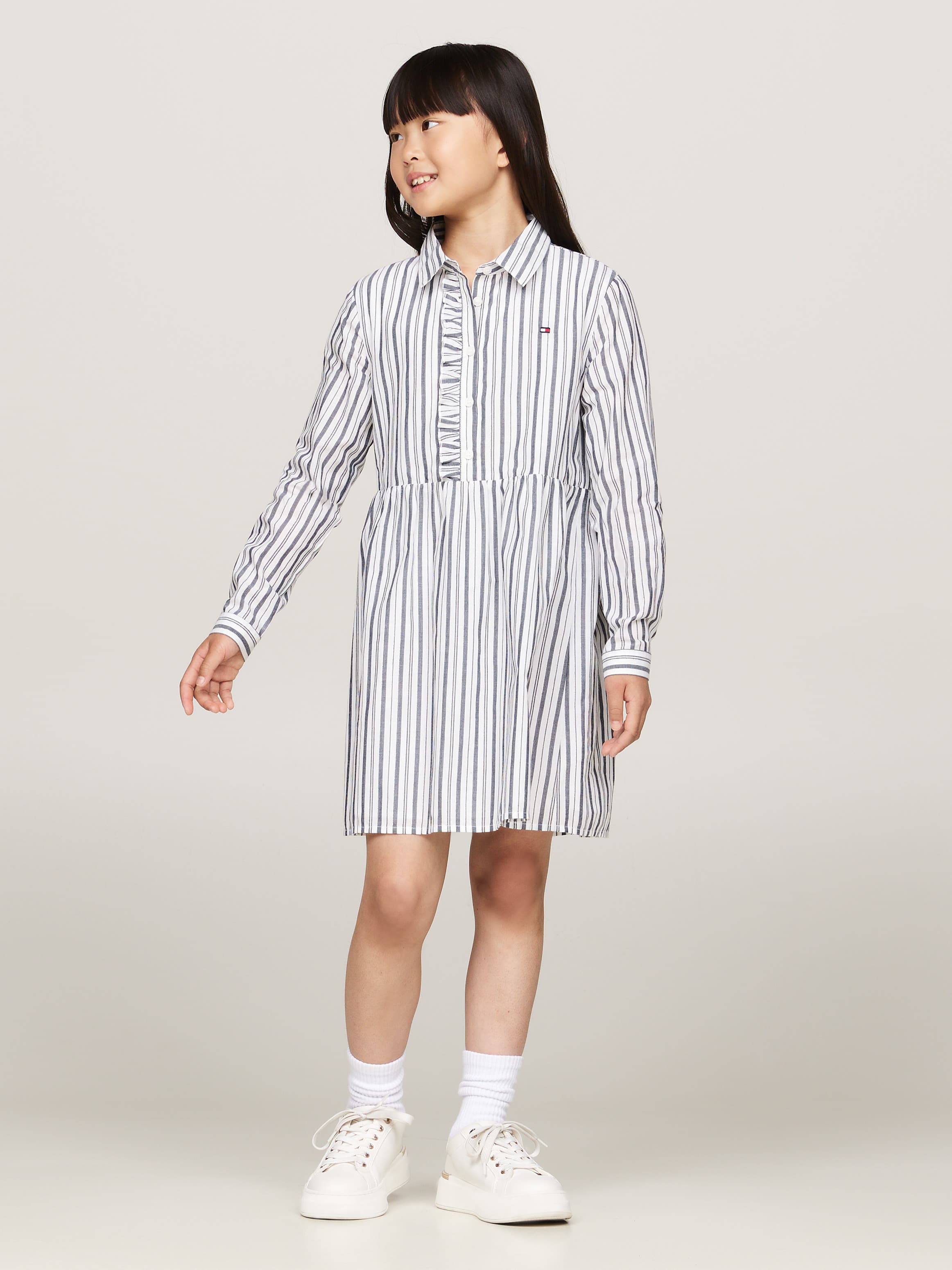 Ruffle Metallic Stripe Shirt Dress