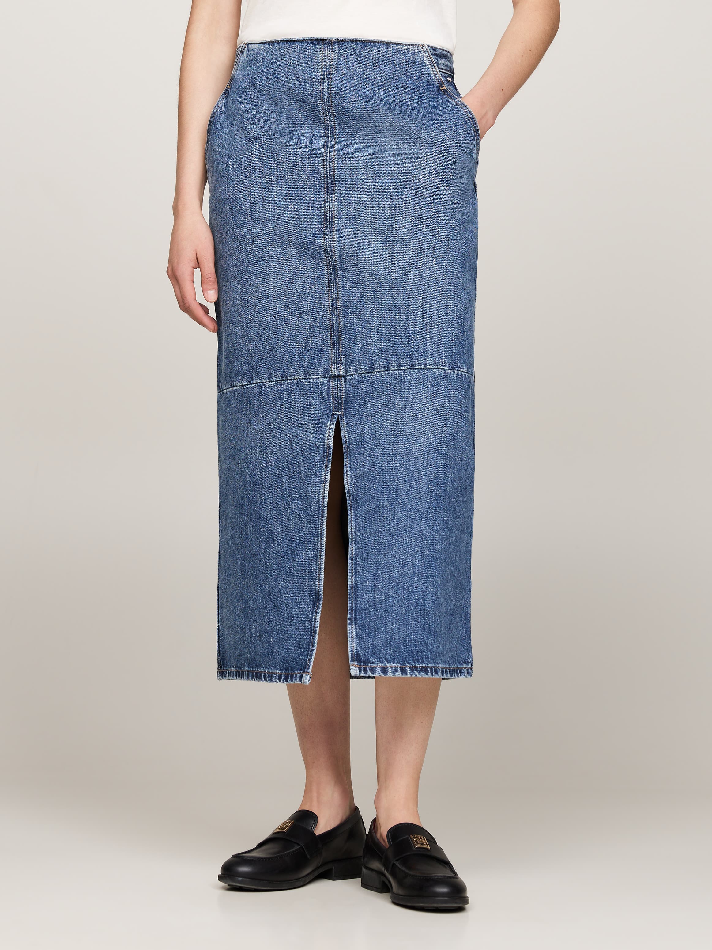 High Rise Slim Denim Midi Skirt
