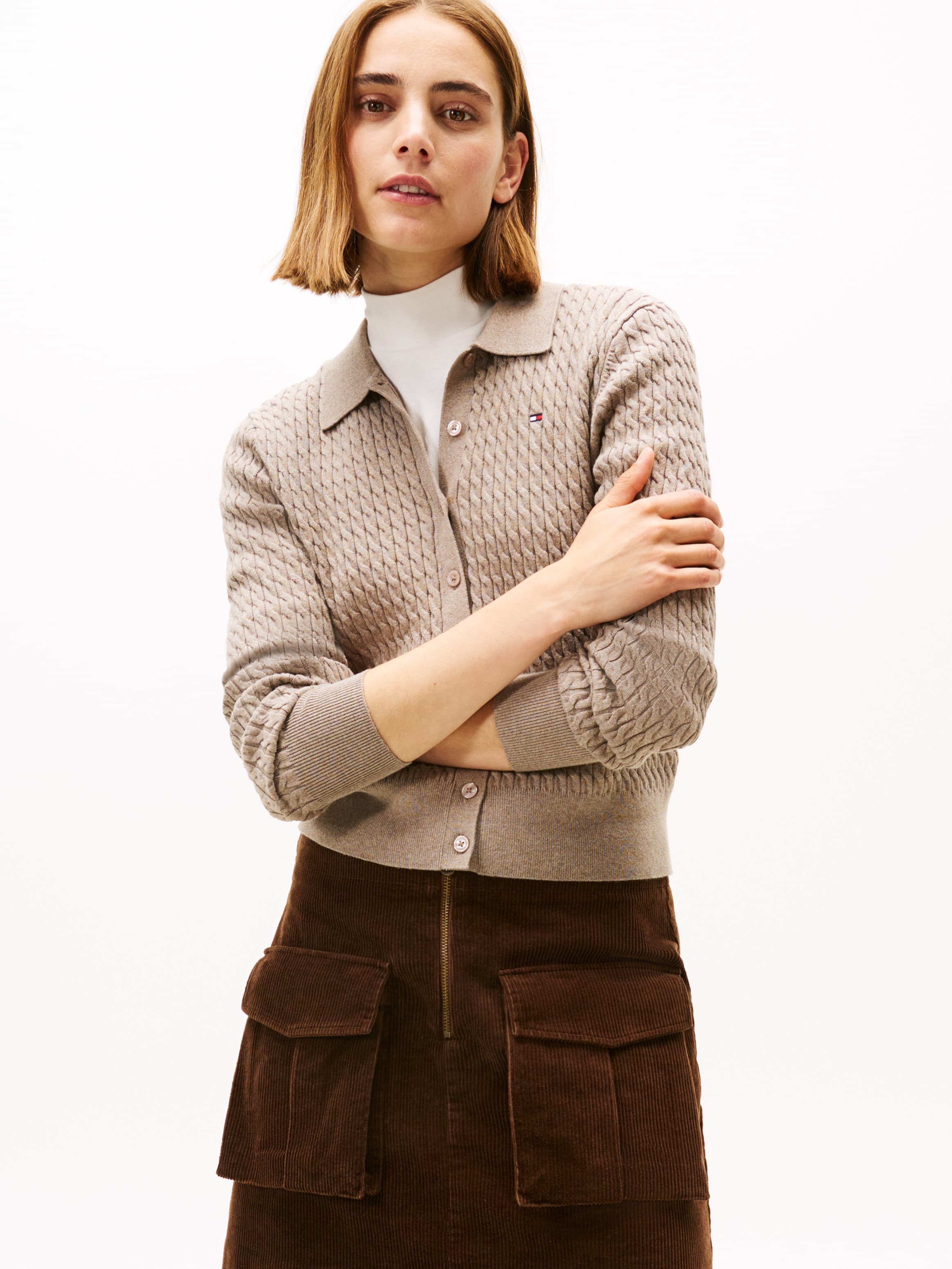 Fine Cable Knit Polo Collar Cardigan