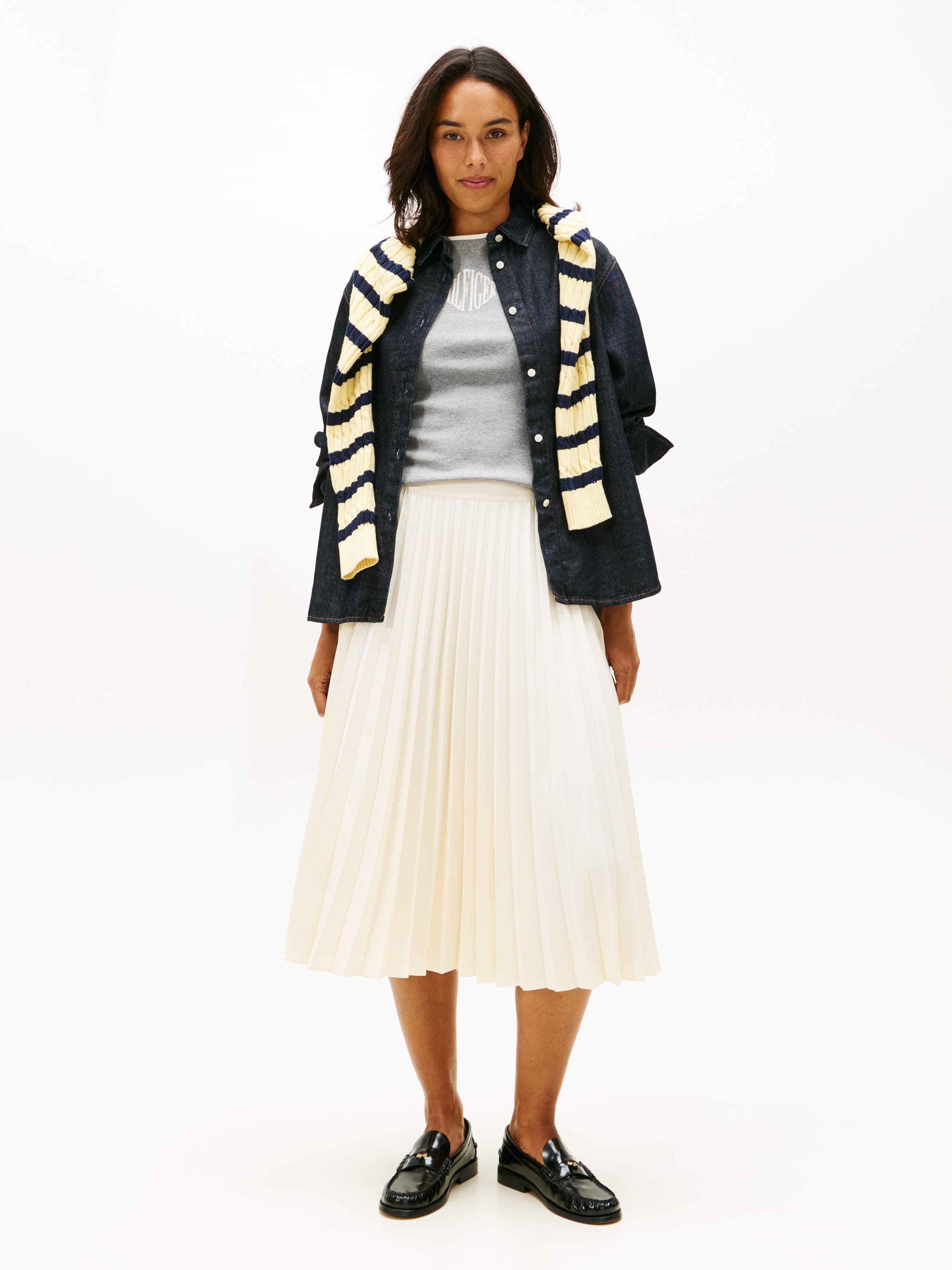 Pleated Twill Midi Skirt