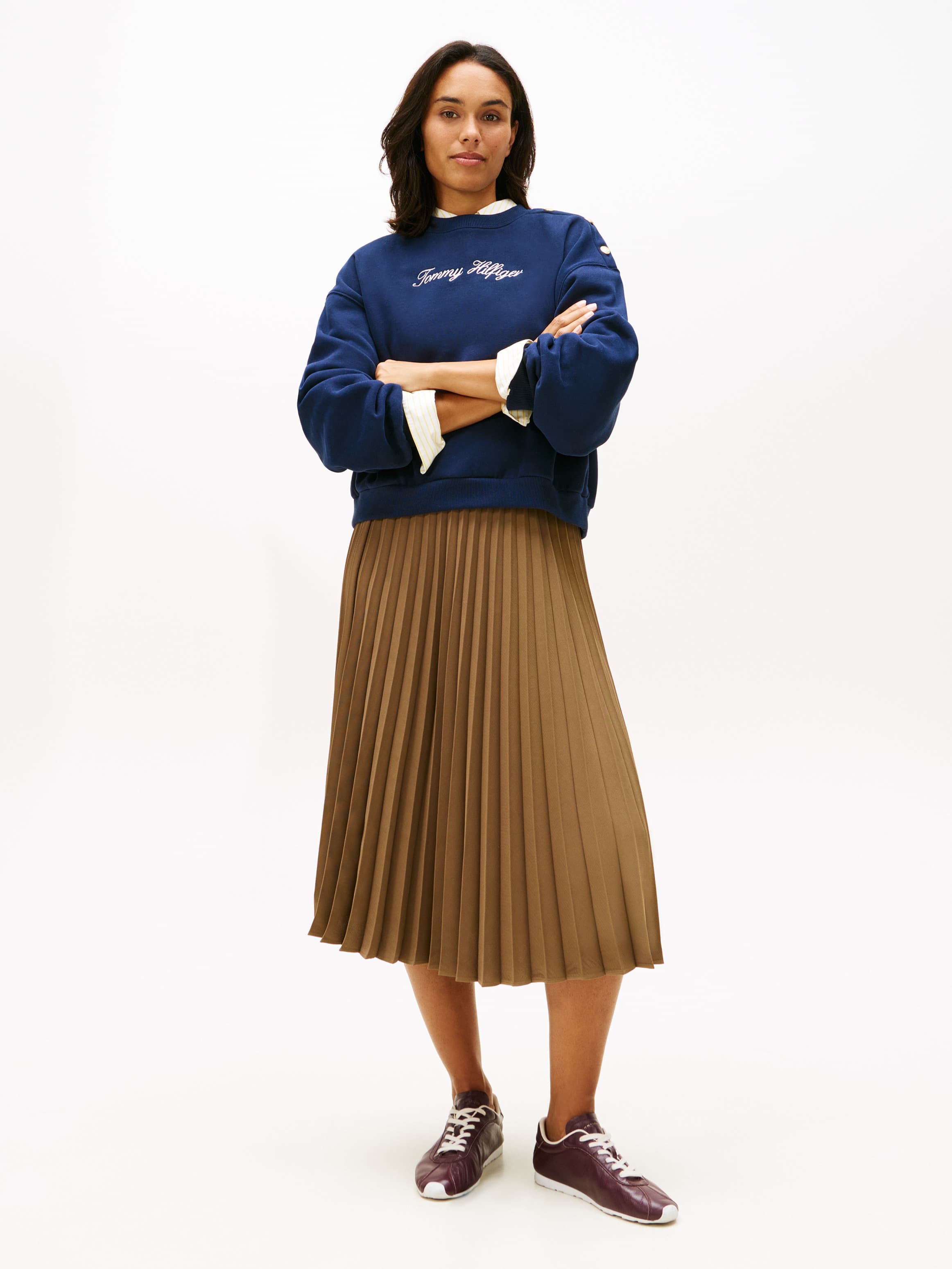 Pleated Twill Midi Skirt