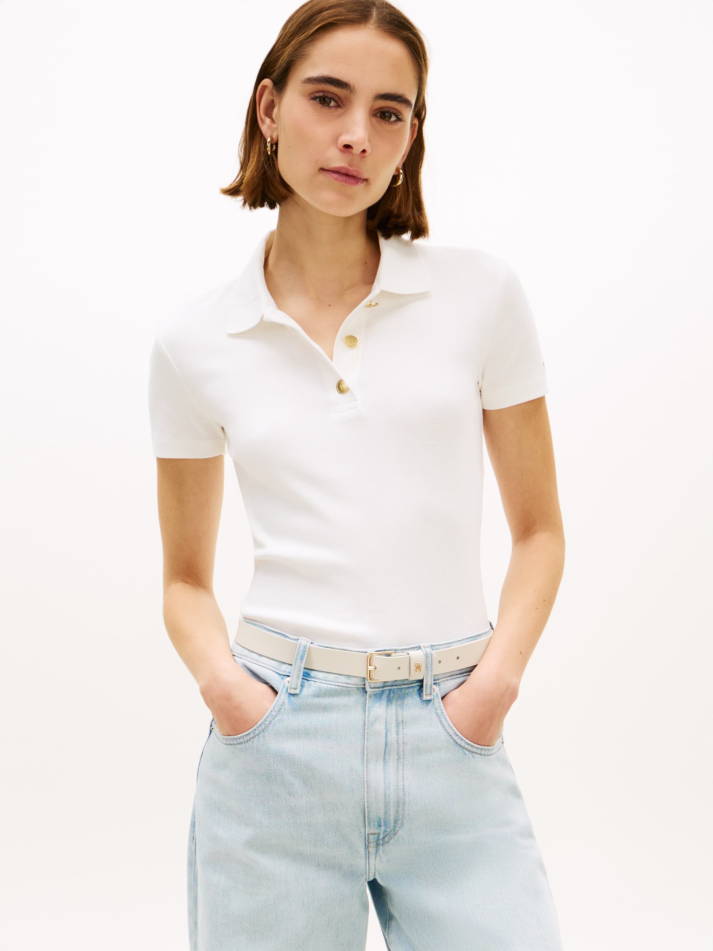 Slim Fit Gold-Tone Button Polo Shirt
