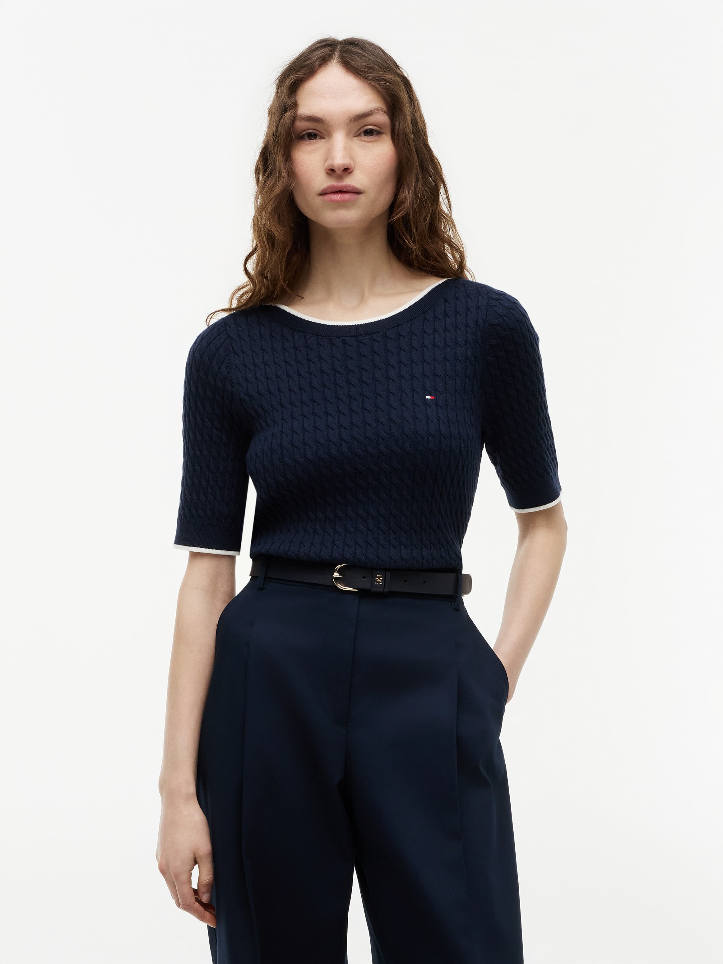 Cable Knit Boat Neck Short Sleeve Jumper