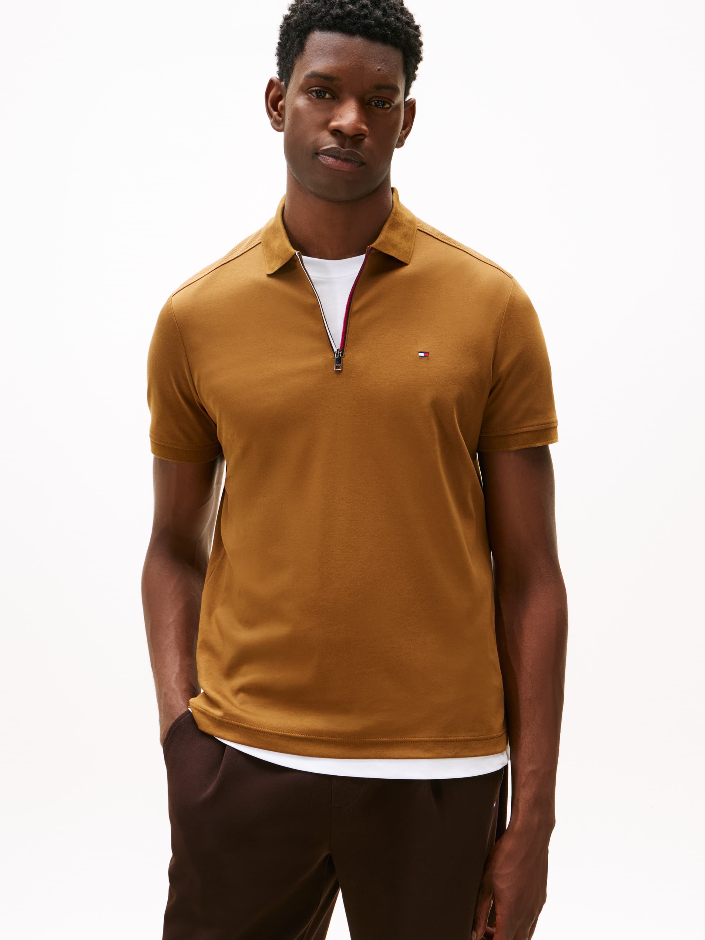Liquid Cotton Red White and Blue Zipper Short Sleeve Polo T-Shirt