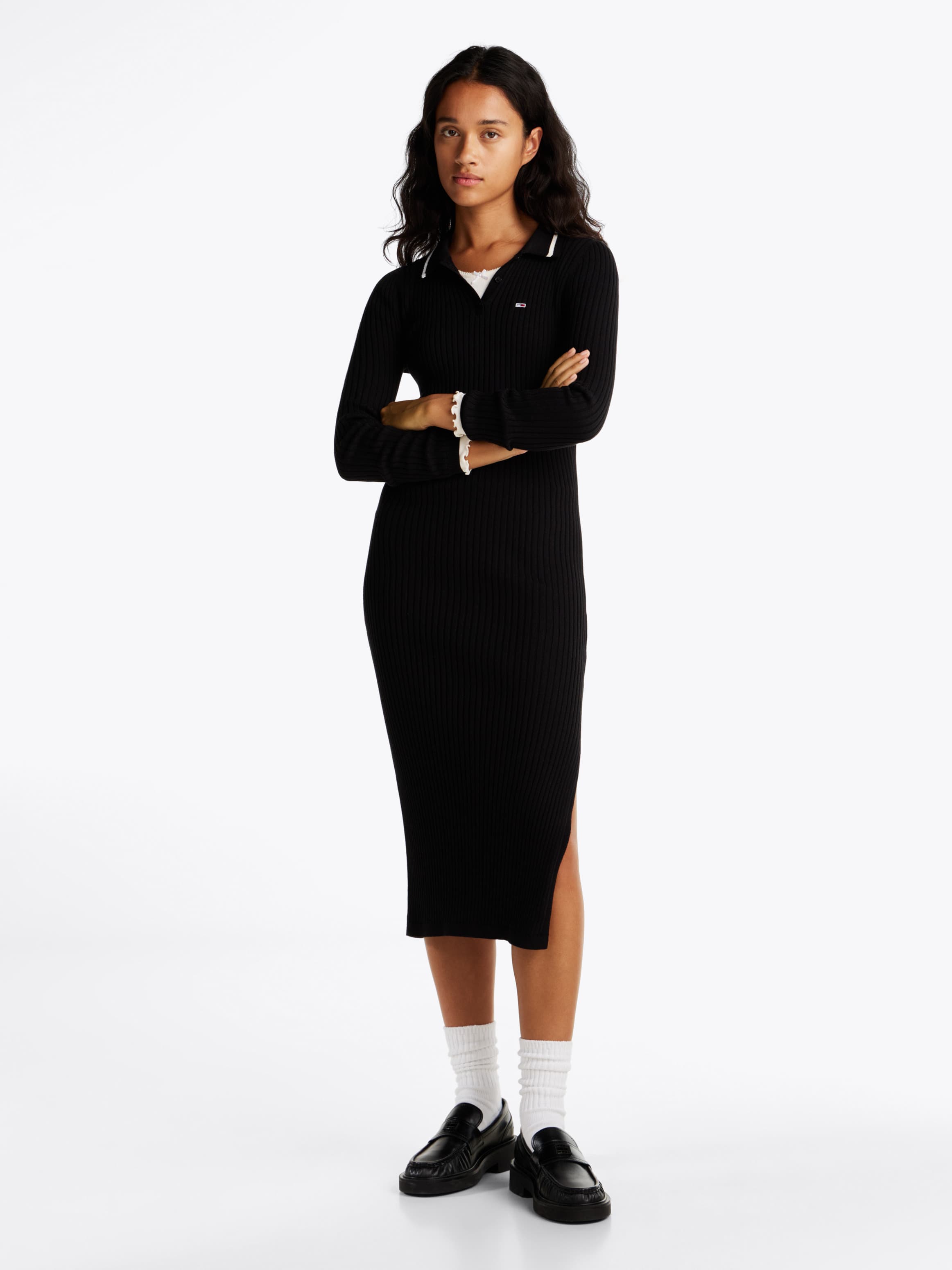 Ribbed Slim Midi Polo Dress